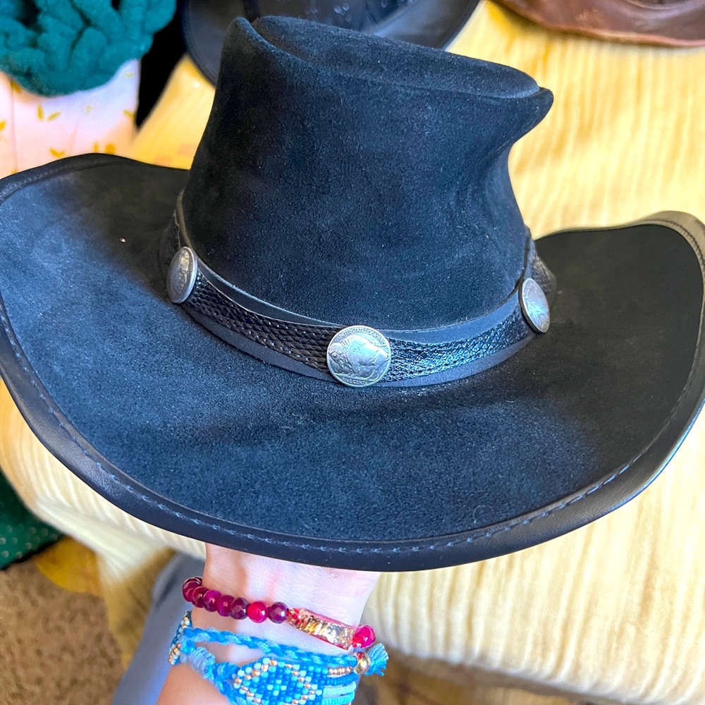 Mens Black Leather Nickel Cowboy hat